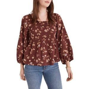 Madewell Blouse Top Womens 14‎ Brown Floral Long Sleeve Square Neck Casual Wear